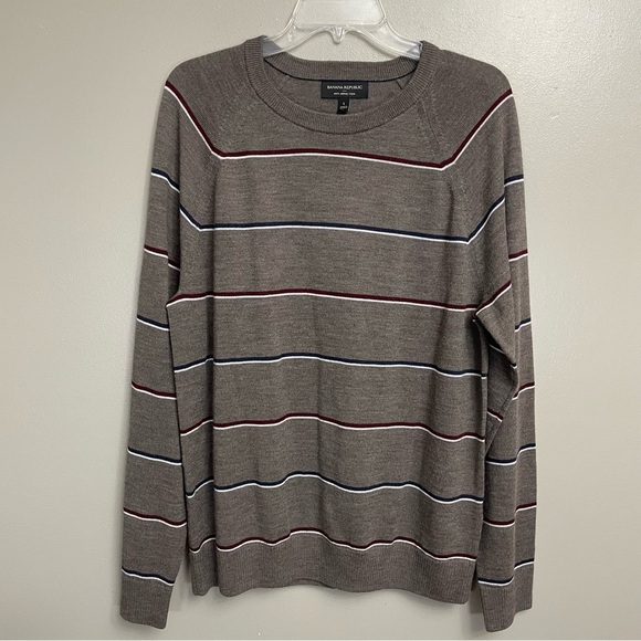 Banana Republic Merino Wool Sweater Mens L brown maroon Stripe Thin Crew Neck - Picture 1 of 9